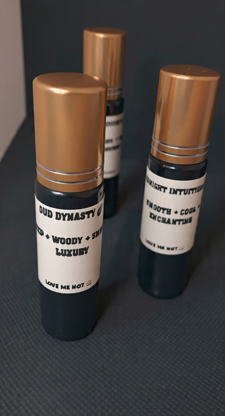 OUD Dynasty and Midnight Intuition LOVE ME NOT men’s fragrance roller bottles
